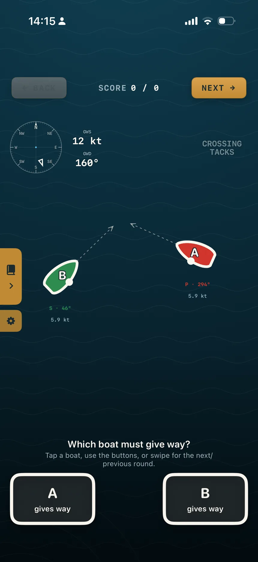 Calling Starboard quiz screen: two boats crossing tacks, asking which one must give way